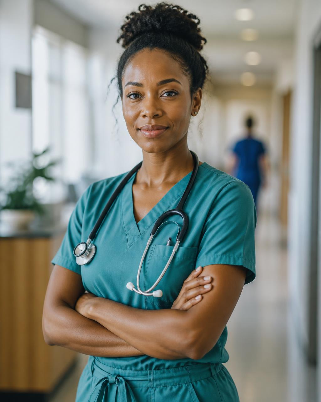 Healthcare professional in scrubs in a hospital corridor